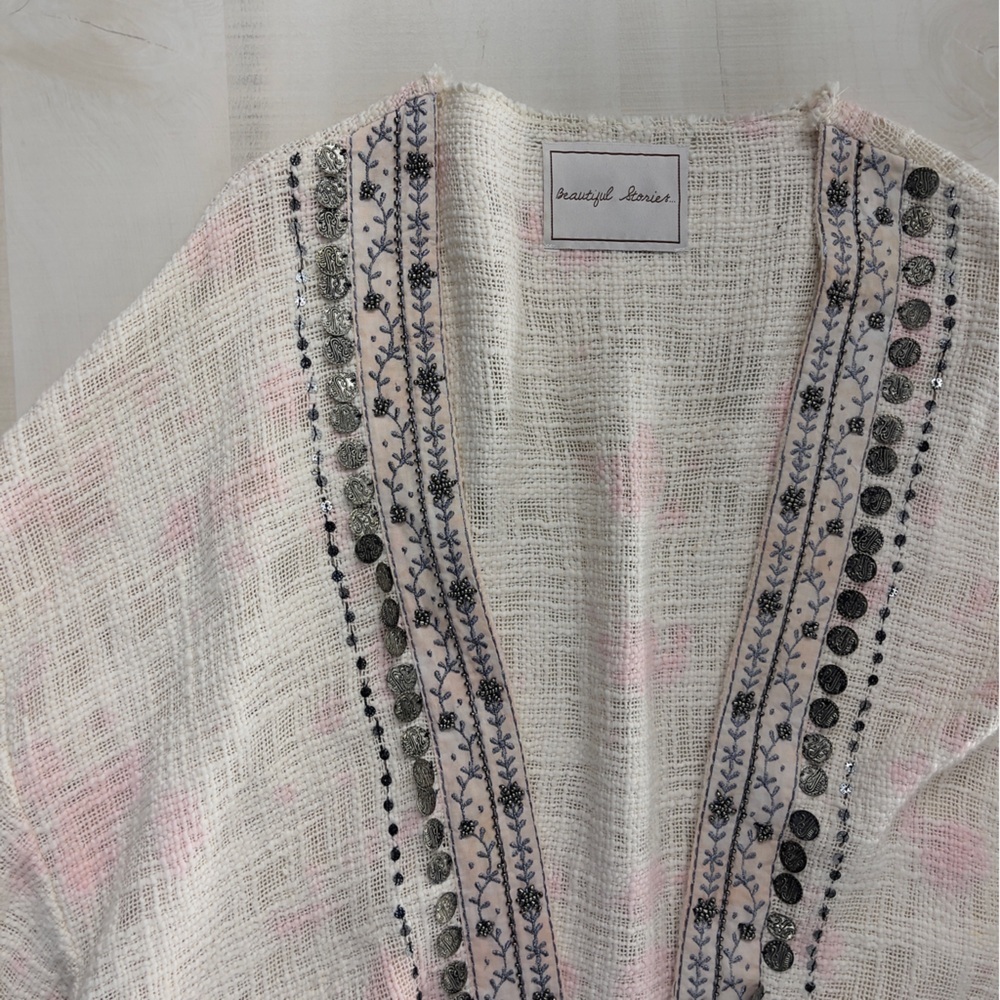 BEAUTIFUL STORIES x Anthropologie Livia textured beaded kimono cardigan OS pink - Picture 5 of 9